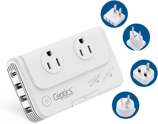 200 W Voltage Converter, Convert 220 V to 110V for Devices like Curling Iron, Straightener, Chargers, Step down World Power Plug - 4 USB Charging Fast QC 3.0 - EU/AU/UK/US Included